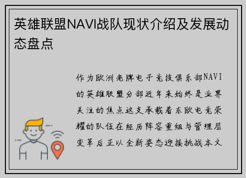 英雄联盟NAVI战队现状介绍及发展动态盘点